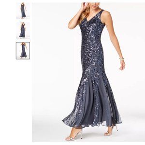 Gunmetal Sequined Mesh Gown Party Gala Dress 16W